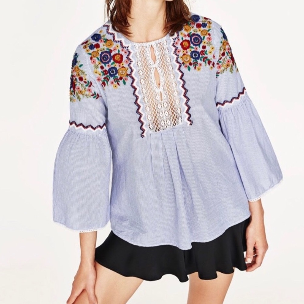 Zara blue and white striped bell sleeve top